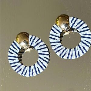 Gold and Blue Striped Hoop Earrings Vintage Estate Sale